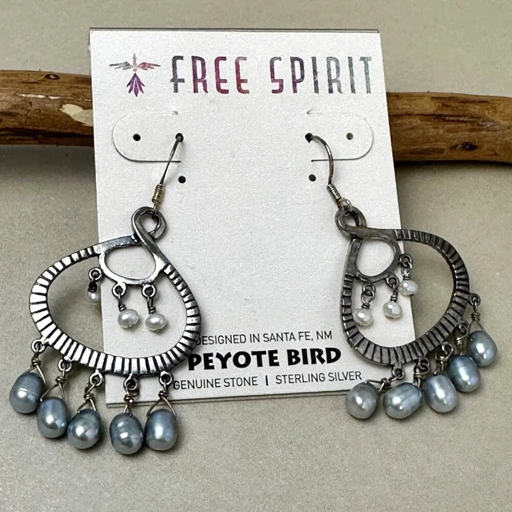 Signed Peyote Bird Boho Chandelier Earrings Oxidized Silver Pearl Drops NWT - Picture 4 of 12
